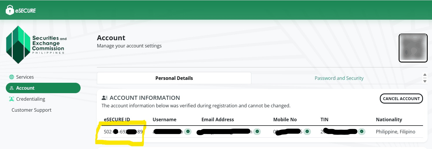 The eSECURE Account page showing the Personal Details tab, with the eSECURE ID highlighted as the first field in the Account Information table.
